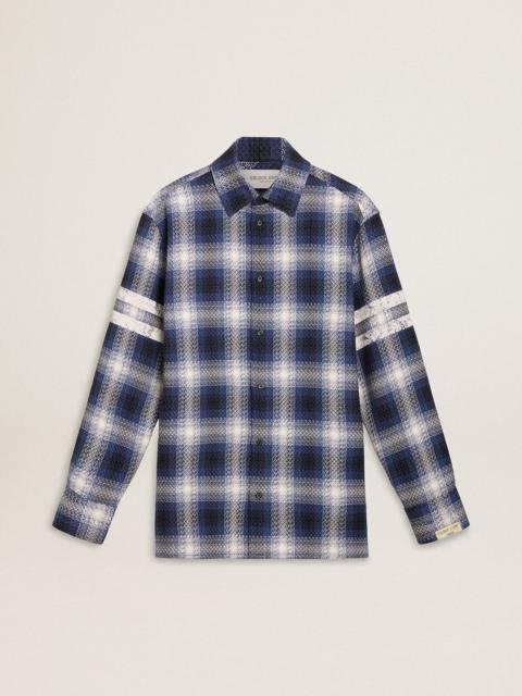 Men's blue 3D checkered shirt with print on the back