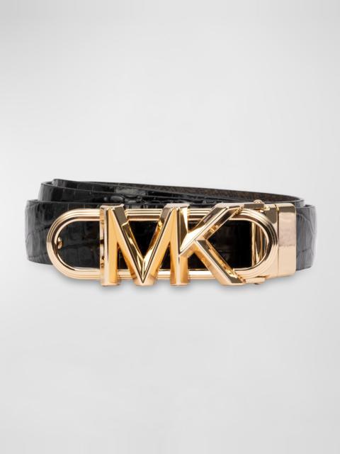 Reversible Monogram & Croc-Embossed Leather Belt