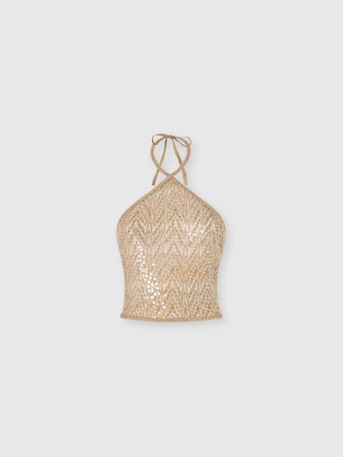 Top in lamé viscose with lace motif, sequins, and halter neckline