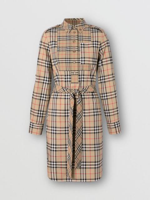 Contrast Check Stretch Cotton Tie-waist Shirt Dress