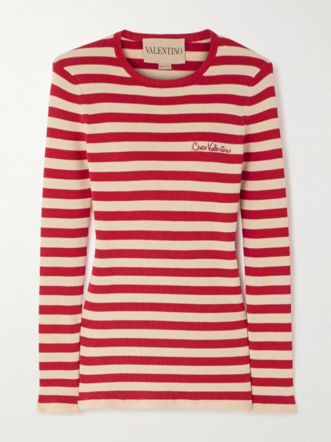 Embroidered striped ribbed-knit cotton sweater Red