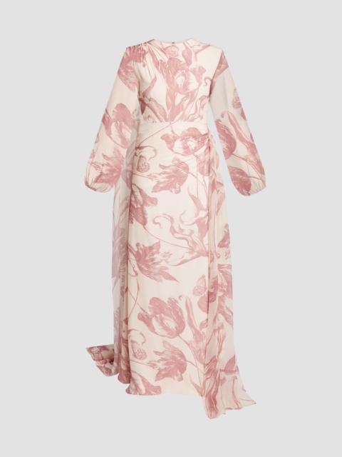 DRAPED FLORAL PRINT SILK VOILE GOWN