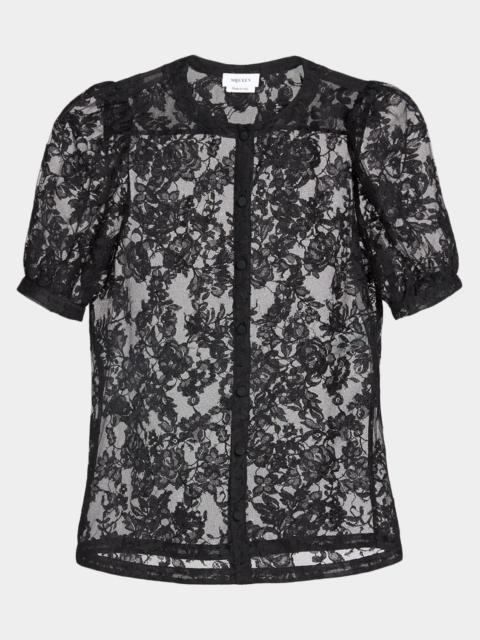 Puff-Sleeve Sheer Lace Shirt