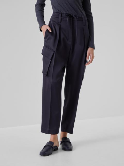 Satin cady sartorial cargo trousers with monili
