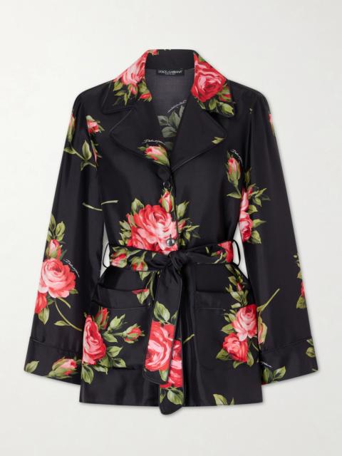 Belted Floral-print Silk-twill Shirt