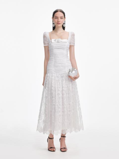 White Tulle Lace Gathered Midi Dress