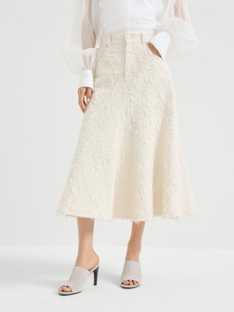 Fuzzy dyed denim five-pocket flared skirt with monili