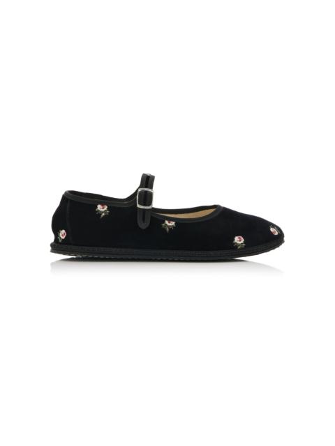 Floral Velvet Mary Jane Flats black