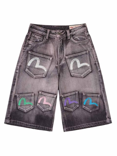 Seagull Print Multi-Pocket Denim Shorts