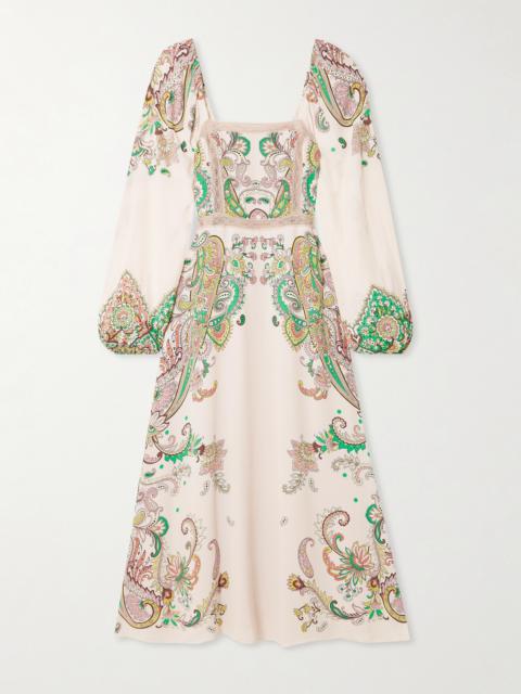 Lace-trimmed Printed Crepe De Chine Midi Dress