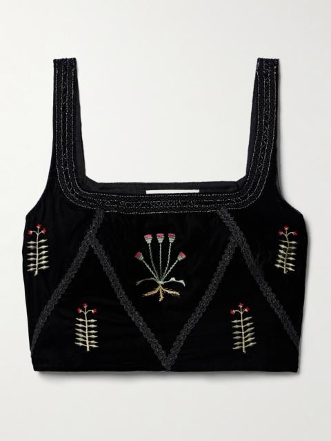 Cindarella Cropped Bead-embellished Embroidered Velvet Top