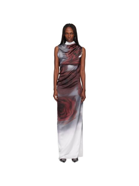 Gray & Red 'The Draped Blurry Roses' Maxi Dress