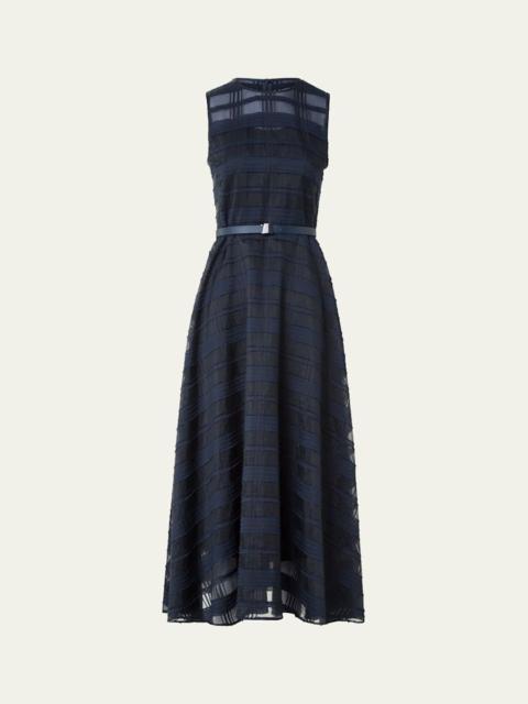 Organdy Plaid Sleeveless A-Line Midi Dress With Belt