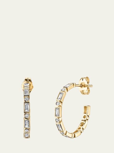 14K Gold And Diamond Baguette And Round Bezel Medium Hoops