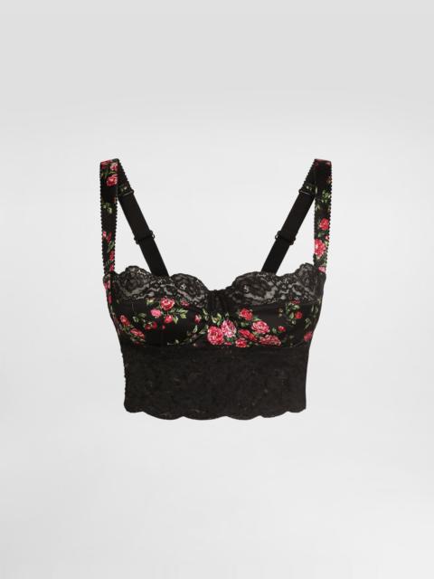 Small rose bouquets-print satin and lace balconette