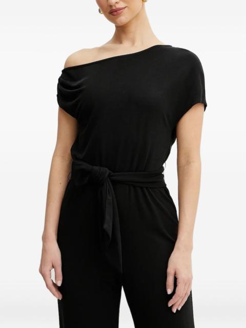 off-shoulder belted jumpsuit