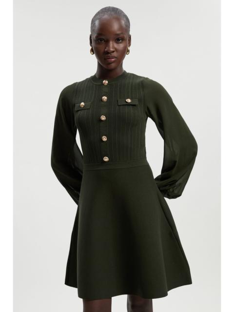 Viscose Blend Mini Knit Dress With Chiffon Sleeve Military Trim