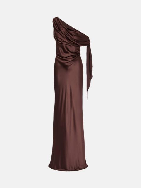 Draped asymmetrical silk satin gown