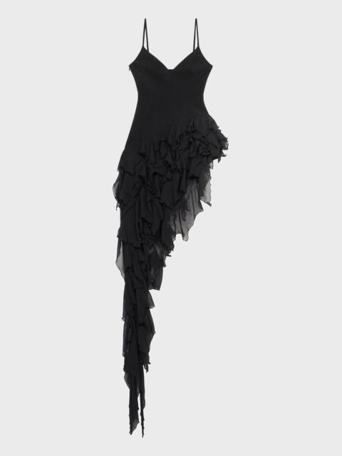 ASYMMETRIC CADY DRESS WITH RUFFLES