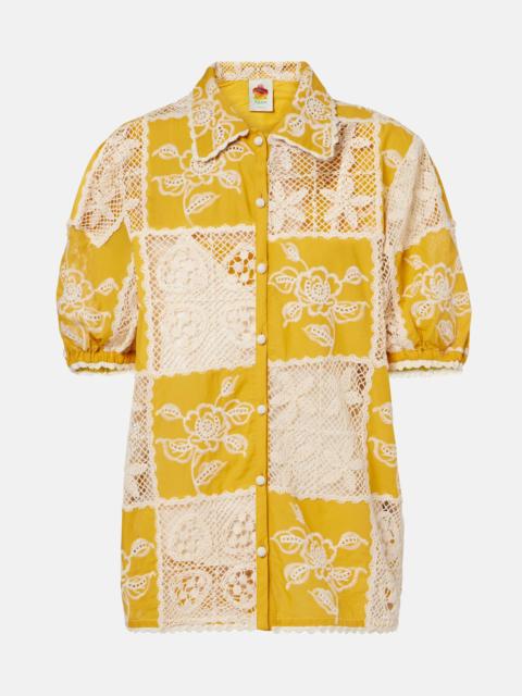 Embroidered lace-trimmed cotton shirt