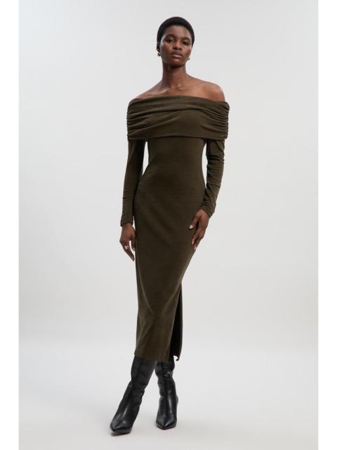 Off The Shoulder Brushed Textured Jersey Midi Dress