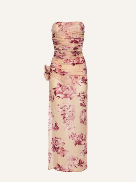 Strapless flower applique midi dress in beige print