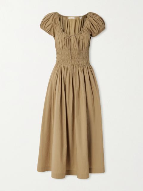 Quinn Tie-detailed Shirred Cotton-poplin Midi Dress