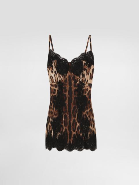 Satin top in leopard print with shoulder straps and lace detail