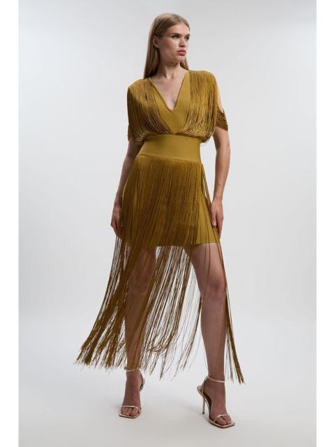 Figure Form Bandage Knit Fringe Detail Dress