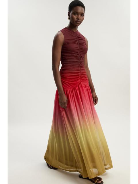 Ombre Rouched Jersey Sleeveless Mesh Maxi Dress