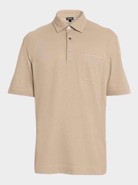 Men's Leather-Trim Pocket Pique Polo Shirt