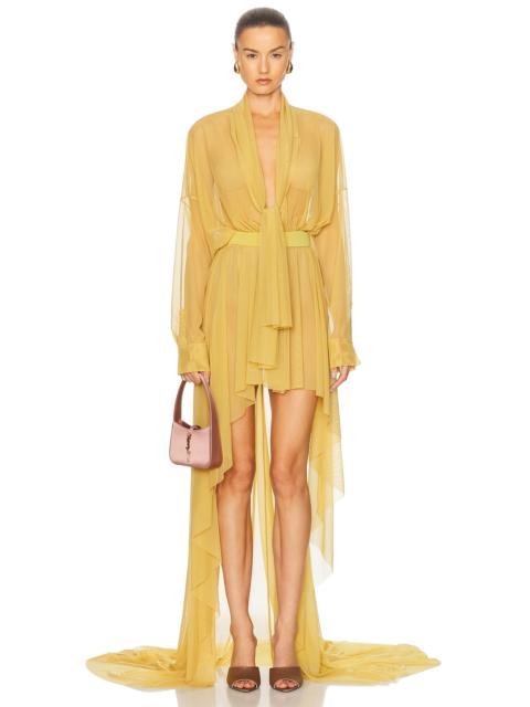 Hi Low Super Oversized Boyfriend Shirt Flared Gown With Bow