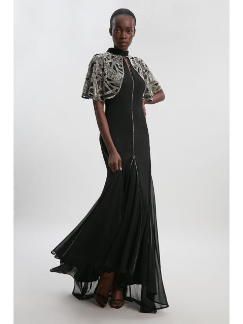 Crystal Embellished Cutwork Cape Detail Woven Maxi Dress