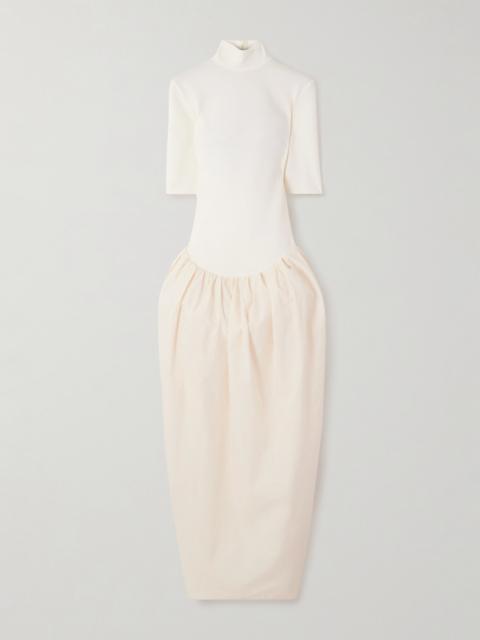 Asymmetric Pleated Jersey-trimmed Cotton-poplin Dress