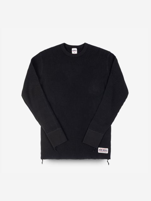 WAFFLE KNIT LONG SLEEVED CREW NECK THERMAL TOP - BLACK