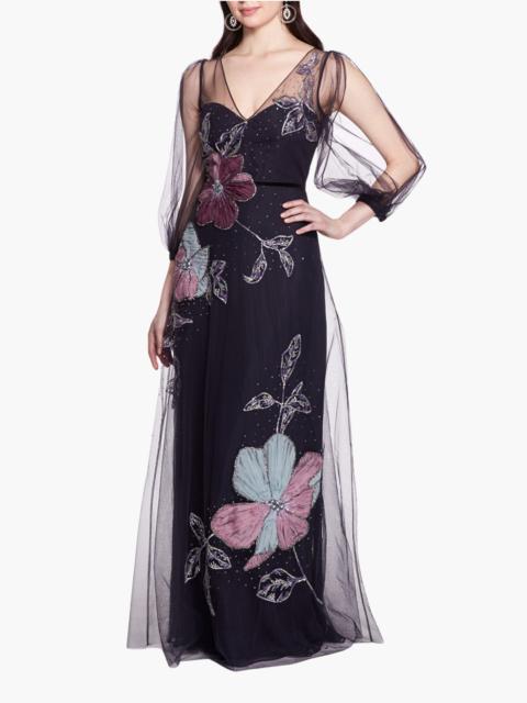 BEADED FLORAL A-LINE GOWN