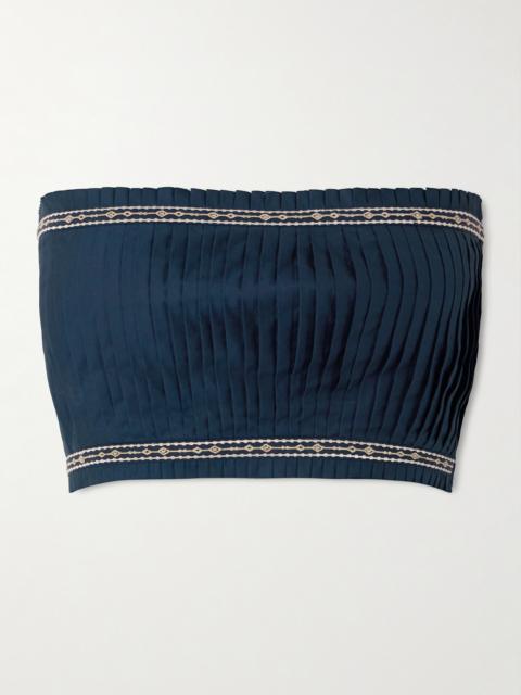 Flavia Strapless Cropped Embroidered Pleated Cotton-blend Top