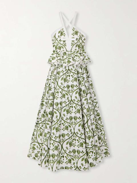 Floral-print cotton-poplin peplum maxi dress Green