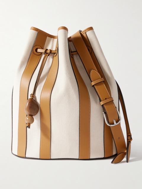 Extra Large Drawstring Leather-trimmed Striped Canvas Bucket Bag