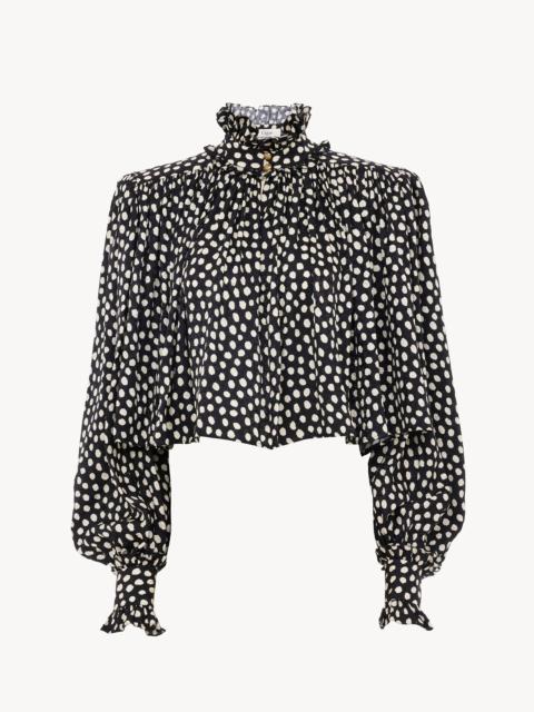 MAXI GATHERED HIGH-NECK TOP IN SILK JACQUARD