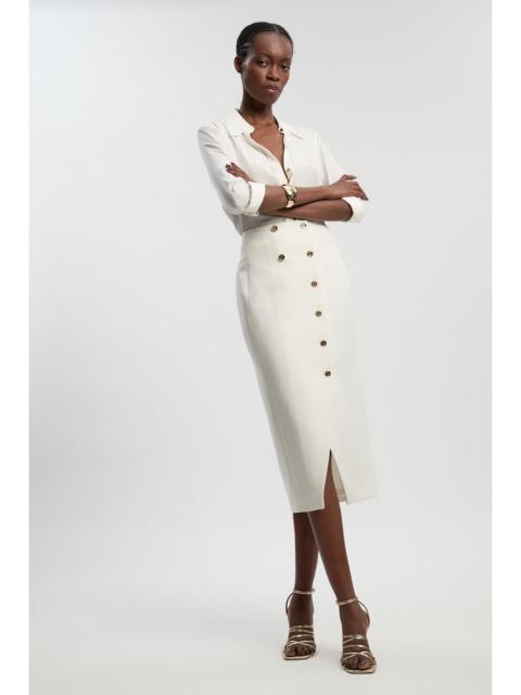 Textured Compact Stretch Button Detail Midi Skirt