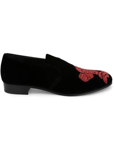 Alexander McQueen Beaded Orchid Velvet Loafers Black Red