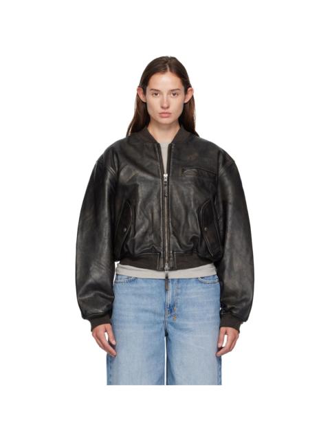 Black Alpha Crop Leather Bomber Jacket