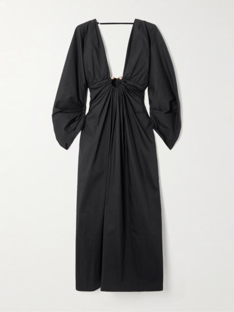 Elyza Embellished Gathered Cotton-blend Poplin Midi Dress