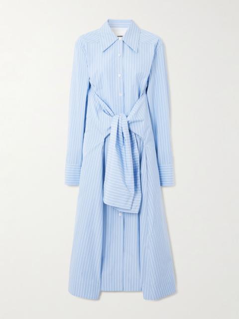 Bow-detailed striped cotton-poplin midi shirt dress Blue