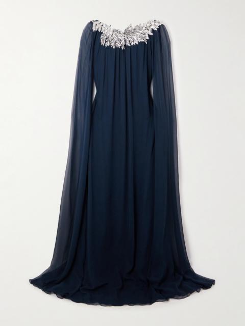 Cape-effect Embellished Silk-chiffon Gown