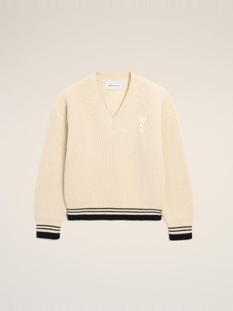 WHITE RIBBED WOOL V NECK AMI DE COEUR SWEATER