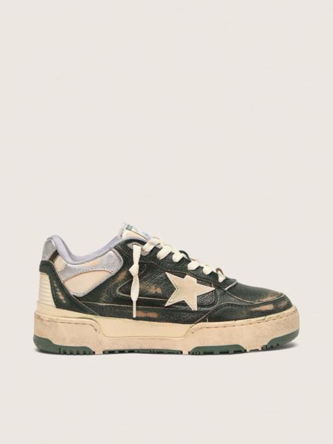 Men's Forty2 in green leather and cream nylon with TPU star and silver leather heel tab