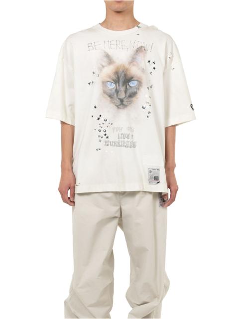 Cat Printed Embellished Distressed T-shirt