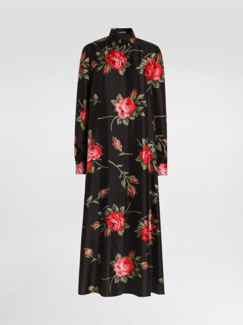 Rose bouquet-print long twill dress